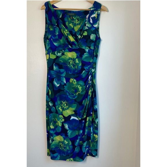lauren ralph lauren women's floral surplice jersey sleeveless dress | Dresses | Lauren Ralph Lauren Womens 8 Blue Green Sheath Ruched Borgo de Nor